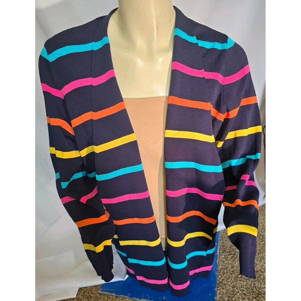 Striped Cardigan Womens XXL 3/4 Sleeve Open Front Navy Blue Rainbow Vivid.